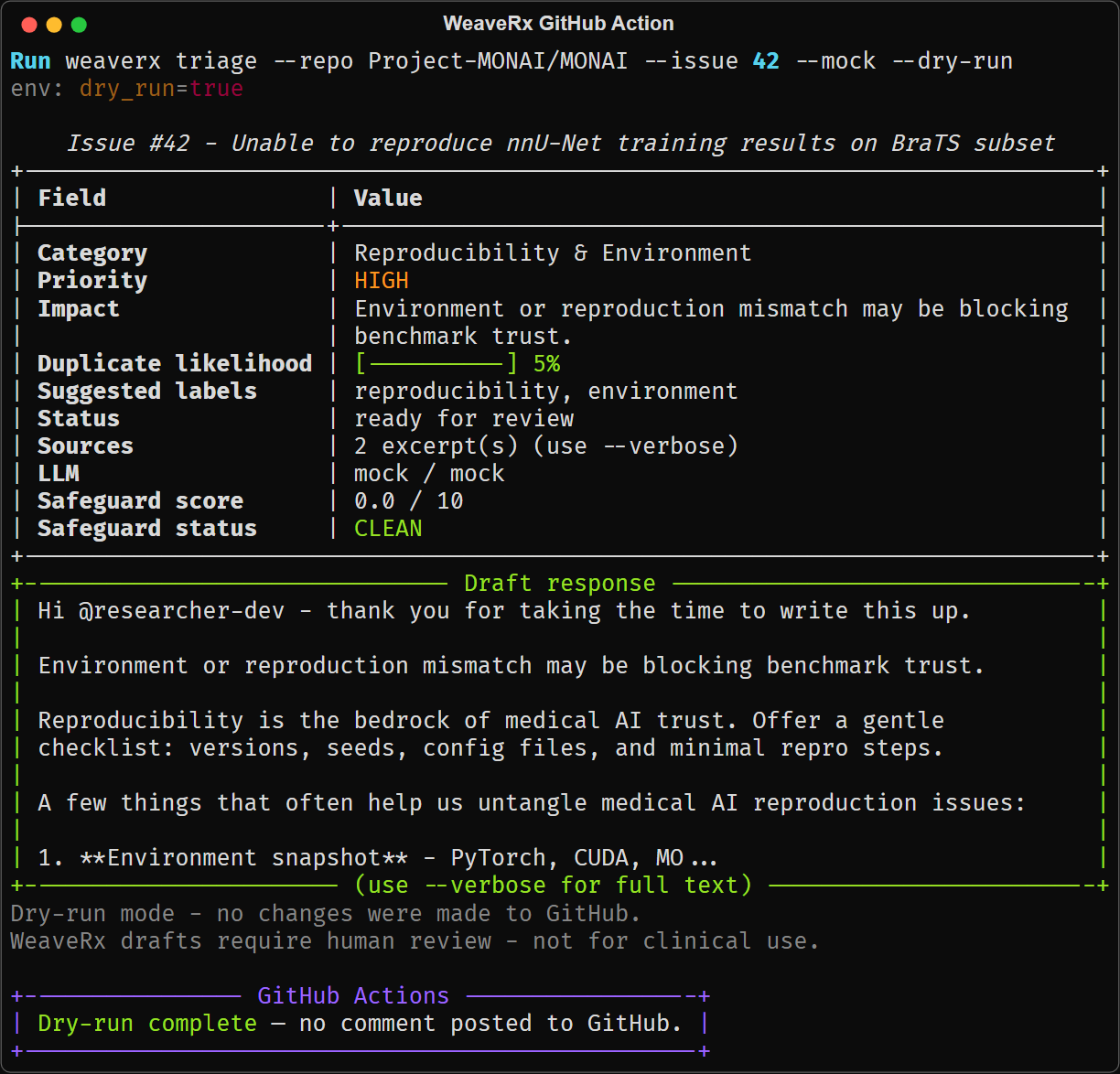 GitHub Action dry-run log